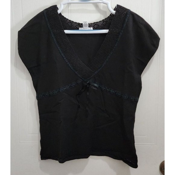 Loft Women's Sleeveless V Neck Crochet Trim Knit Top Y2K Style Black Size Medium - Picture 1 of 8